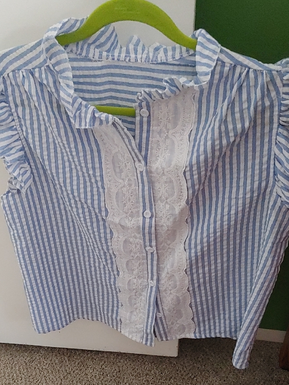 Blue and White Striped Lace-Trim Blouse